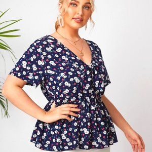 Plus Allover Floral Print Peplum Blouse
